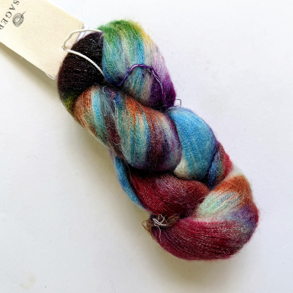 Indie Dyer Super Kid Mohair Silk Lace Yarn, Aurora Multi Full rainbow Over Silver cream, OOAK