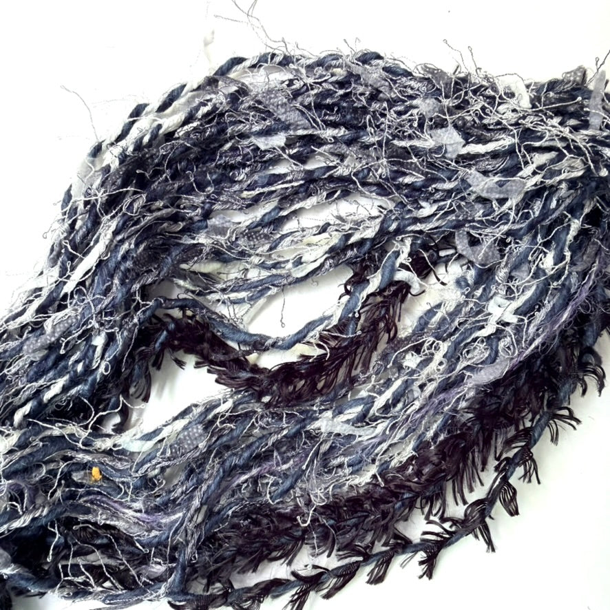 Artisan Handspun Novelty Mixed Fiber Bulky Yarn, Black Silver, Handspun