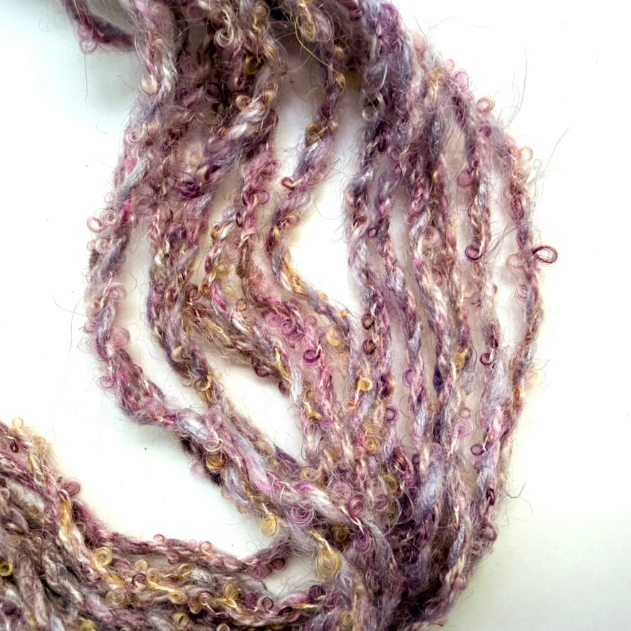 Artisan Handspun Mohair Wool Blend Bulky Yarn, Lavender Purple Curly with Sequins, Handspun