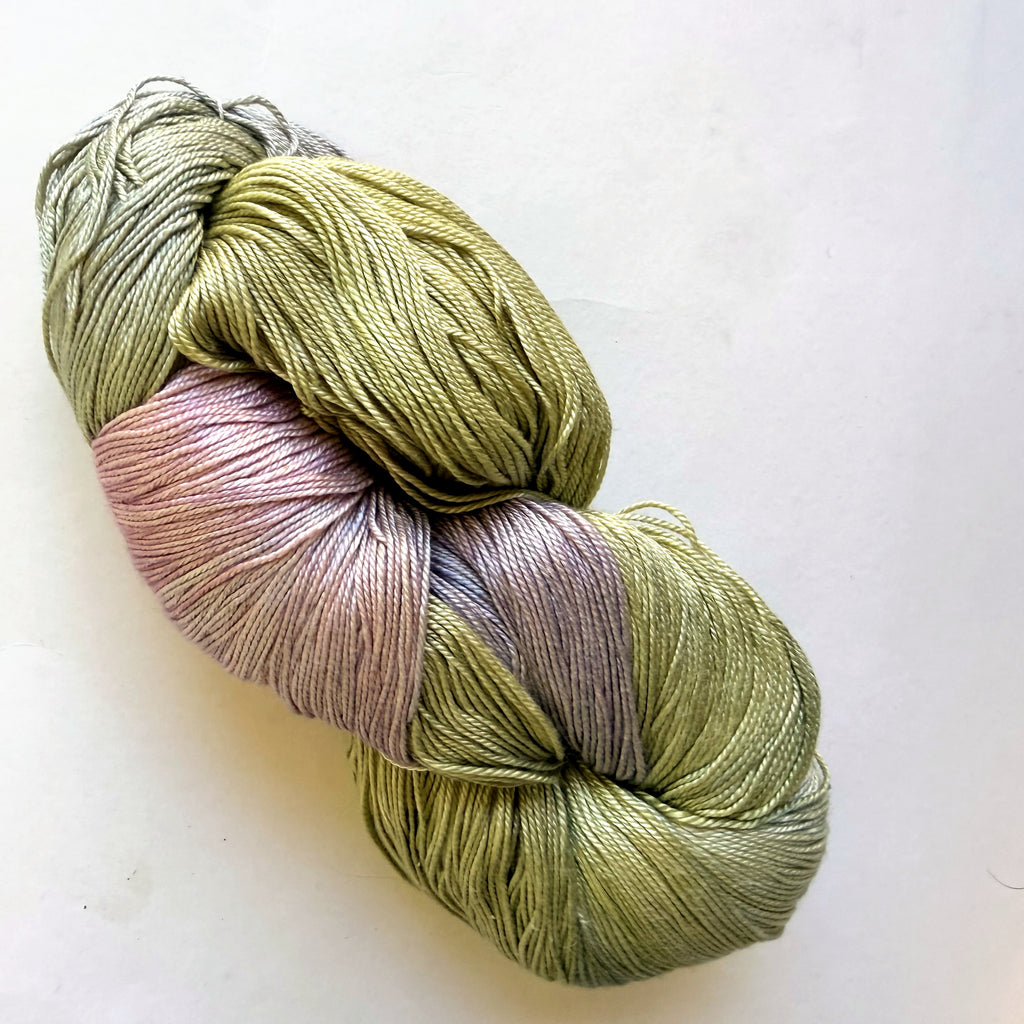 Hand Maiden Fine Yarn Silk Seacell Fingering Yarn, Sage Pink Lilac Silver