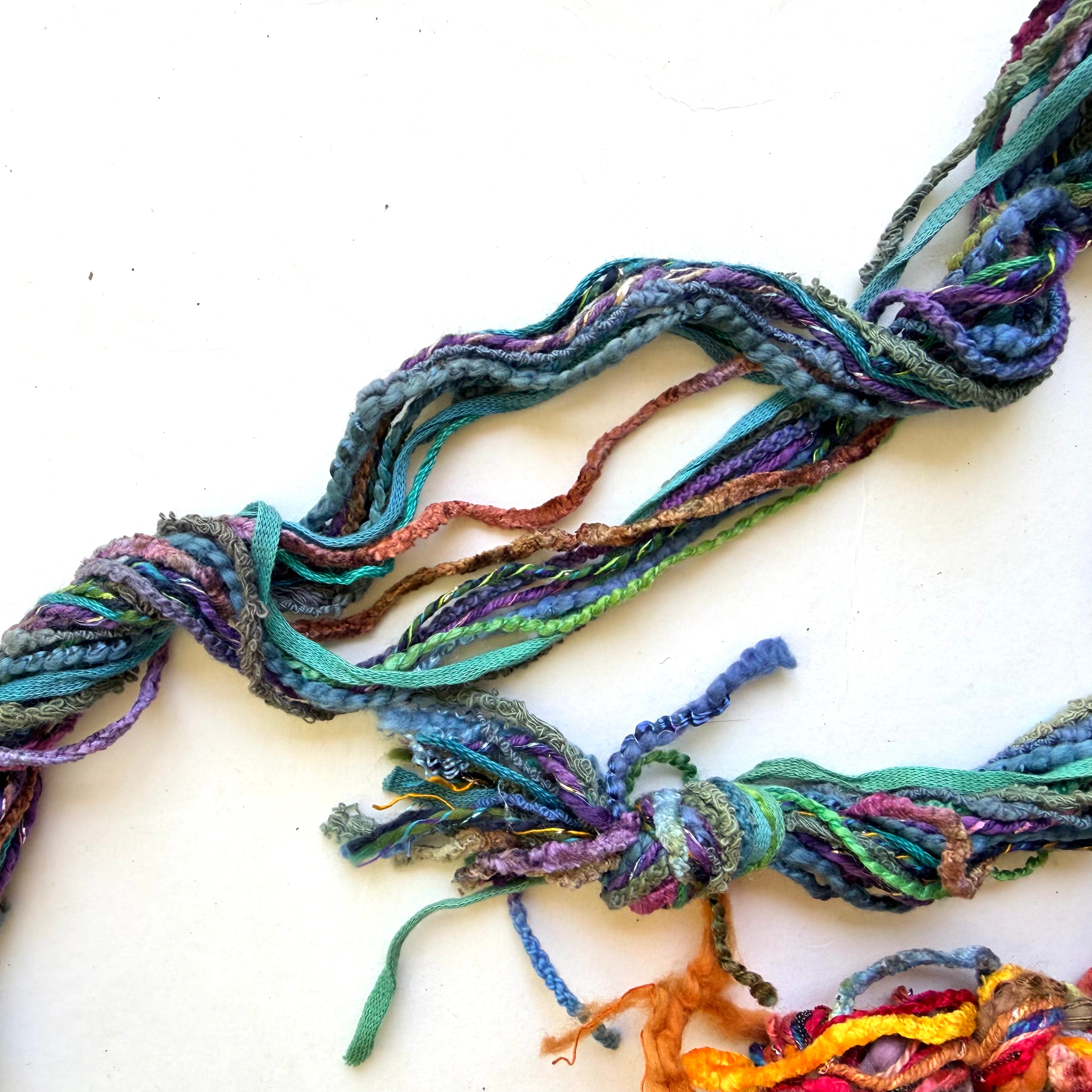 Blue Heron Yarns Mixed Novelty Rayon Ribbon Bouclé Sari silk style Metallic Accents Hand painted Bulky Yarn, Mixed Jewel Tones Purples, Teals, Rusts, Magentas, Mossy Greens, Discontinued
