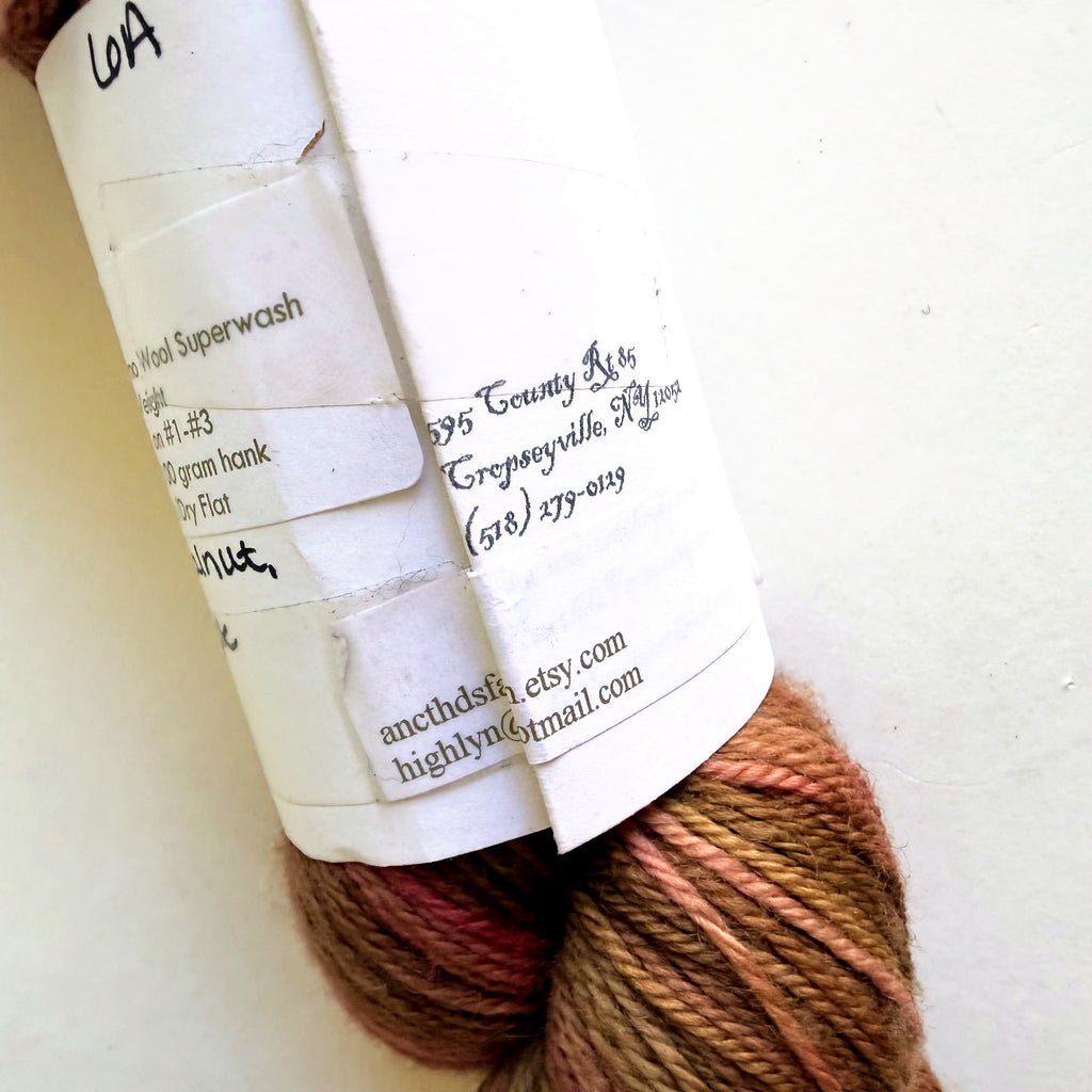 Ancient Threads Farm Superwash Merino Fingering Yarn, Lac, Black Walnut & Logwood Purple Dye Lot 6A