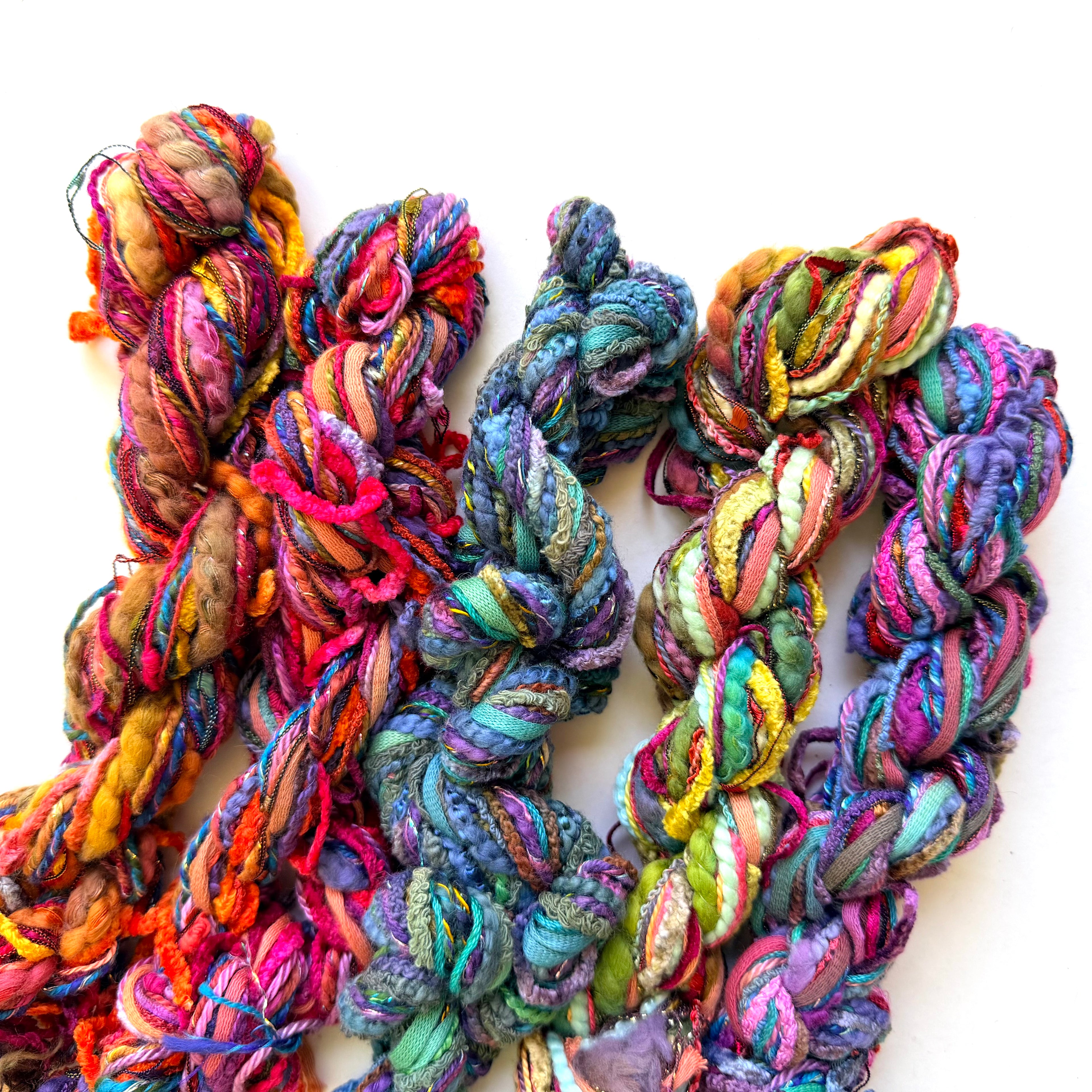 Blue Heron Yarns Mixed Novelty Rayon Ribbon Bouclé Sari silk style Metallic Accents Hand painted Bulky Yarn, Mixed Jewel Tones Purples, Teals, Rusts, Magentas, Mossy Greens, Discontinued