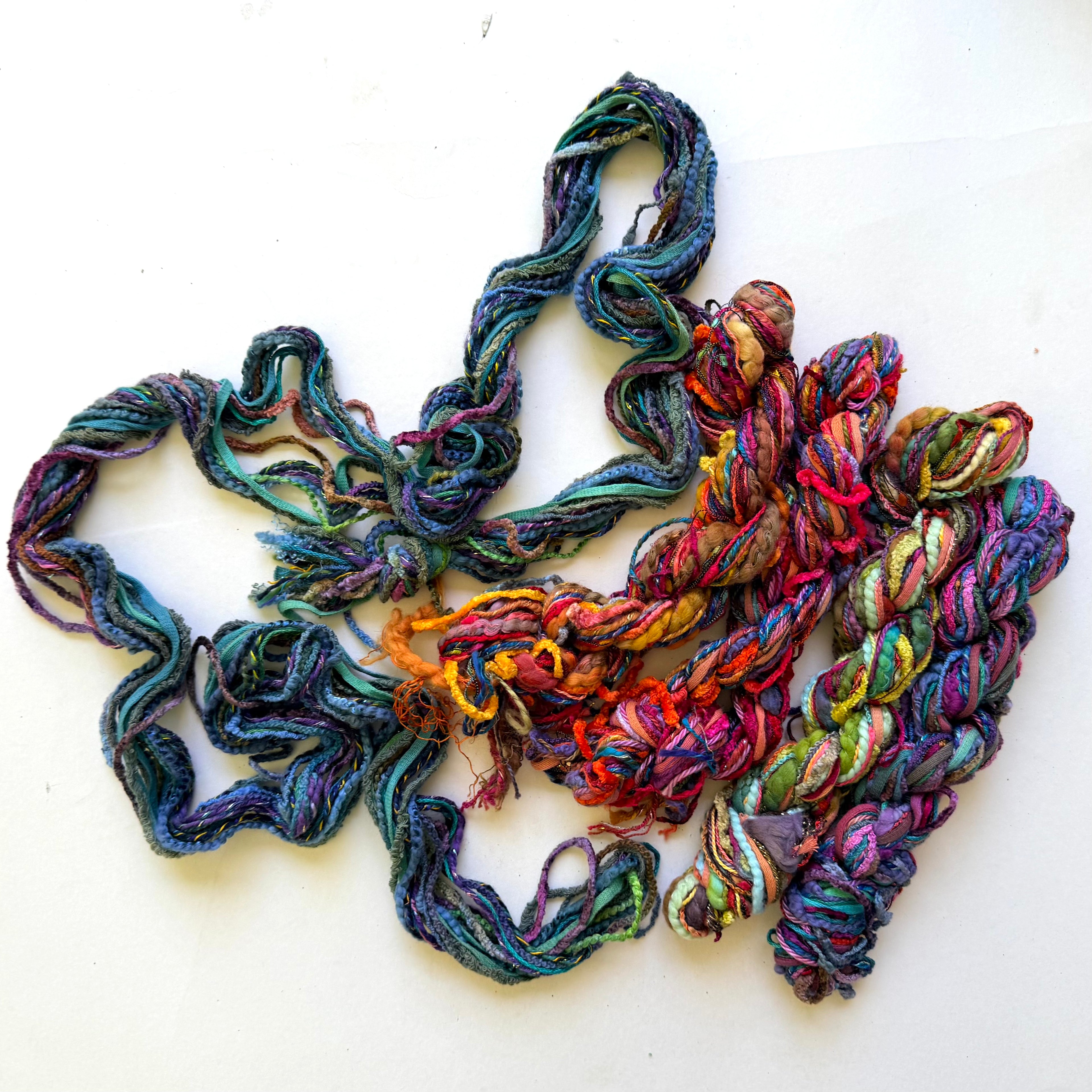 Blue Heron Yarns Mixed Novelty Rayon Ribbon Bouclé Sari silk style Metallic Accents Hand painted Bulky Yarn, Mixed Jewel Tones Purples, Teals, Rusts, Magentas, Mossy Greens, Discontinued