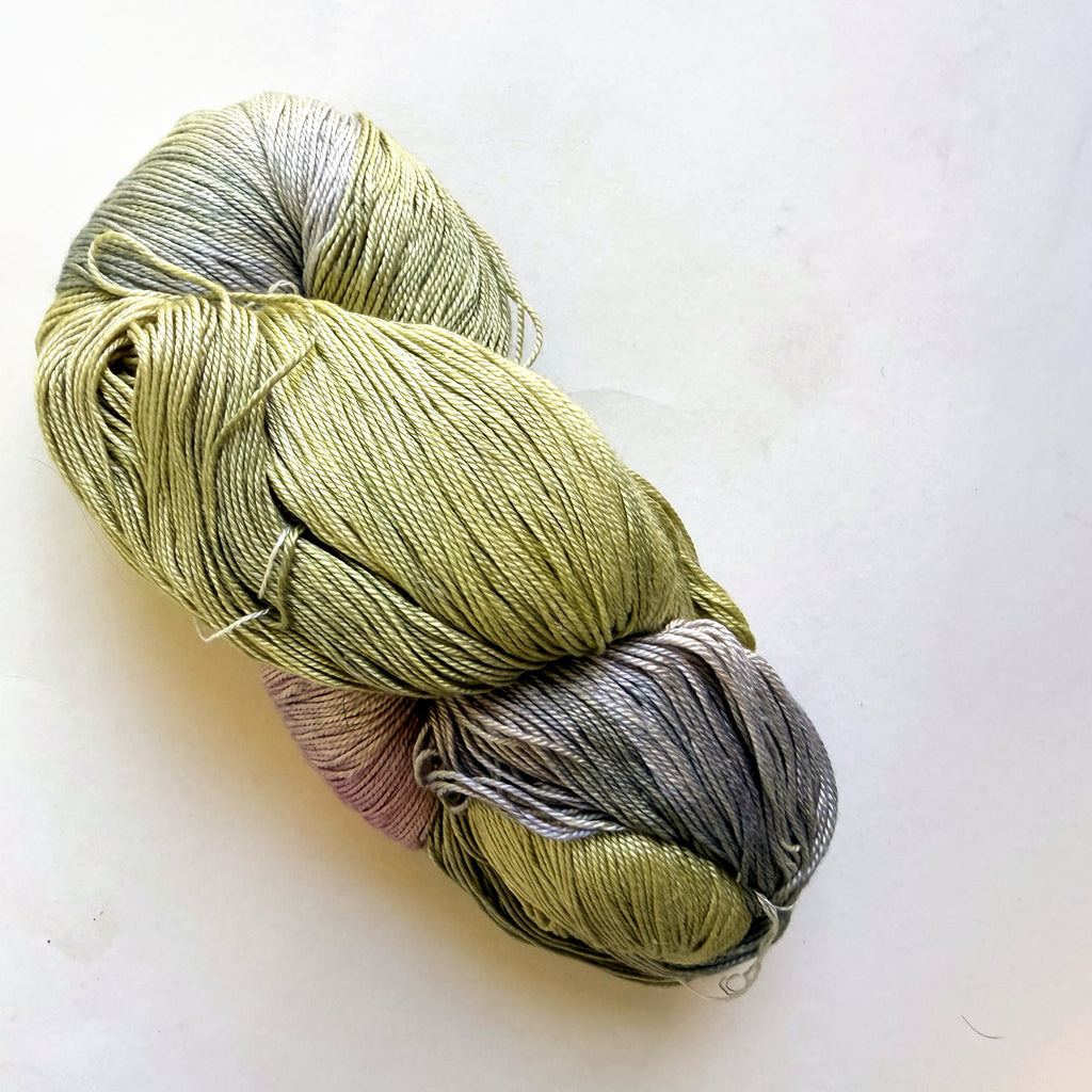 Hand Maiden Fine Yarn Silk Seacell Fingering Yarn, Sage Pink Lilac Silver