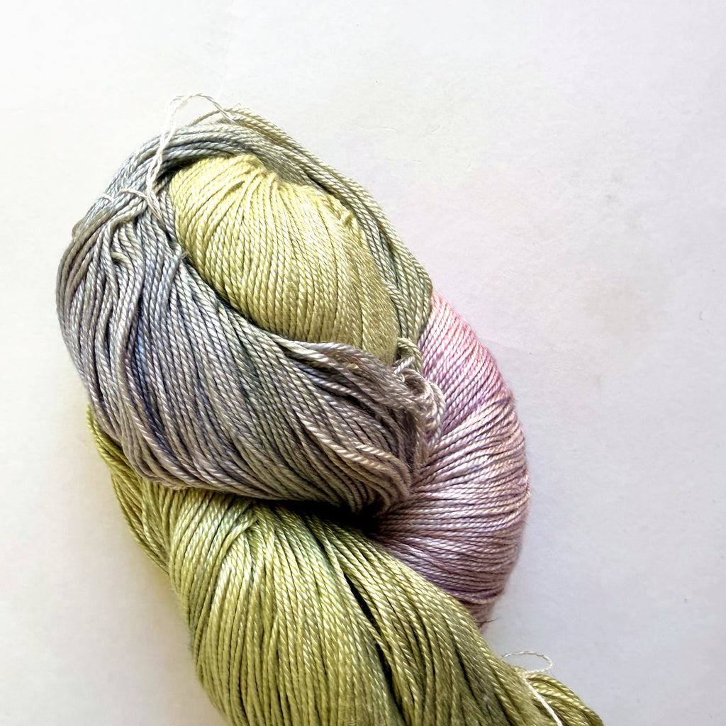Hand Maiden Fine Yarn Silk Seacell Fingering Yarn, Sage Pink Lilac Silver