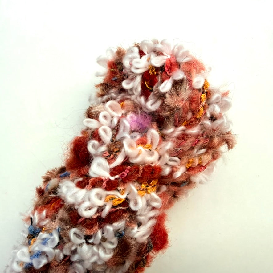 Artisan Handspun Novelty Mixed Fiber Bulky Yarn, Red Cream Curly, Handspun
