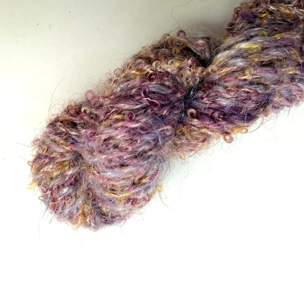 Artisan Handspun Mohair Wool Blend Bulky Yarn, Lavender Purple Curly with Sequins, Handspun