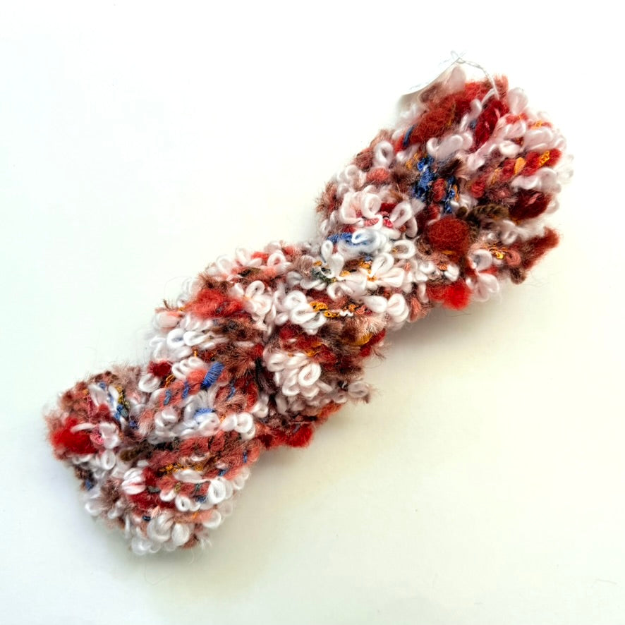 Artisan Handspun Novelty Mixed Fiber Bulky Yarn, Red Cream Curly, Handspun