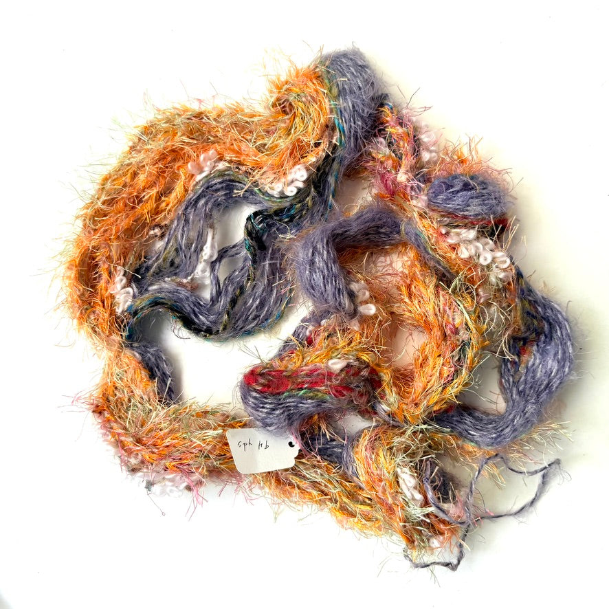 Artisan Handspun Novelty Mixed Fiber Bulky Yarn, Orange Purple Peach with Pearl Beads Artisan, Handspun
