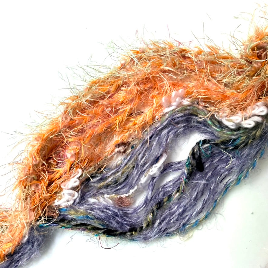 Artisan Handspun Novelty Mixed Fiber Bulky Yarn, Orange Purple Peach with Pearl Beads Artisan, Handspun