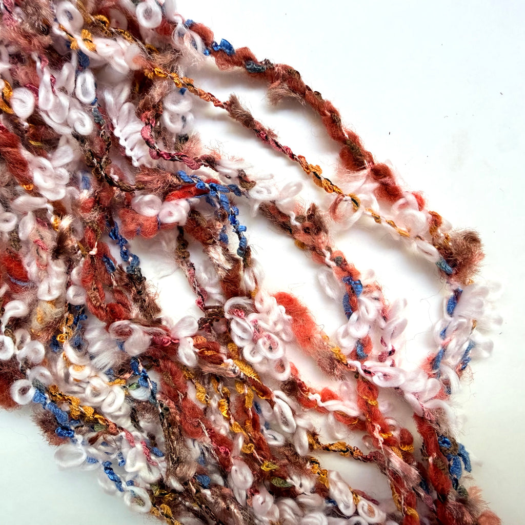 Artisan Handspun Novelty Mixed Fiber Bulky Yarn, Red Cream Curly, Handspun