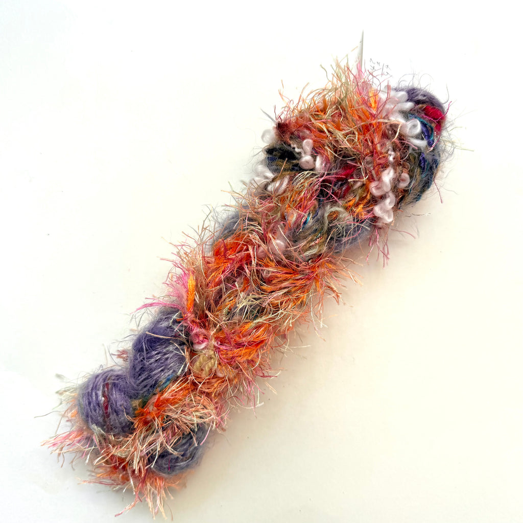 Artisan Handspun Novelty Mixed Fiber Bulky Yarn, Orange Purple Peach with Pearl Beads Artisan, Handspun
