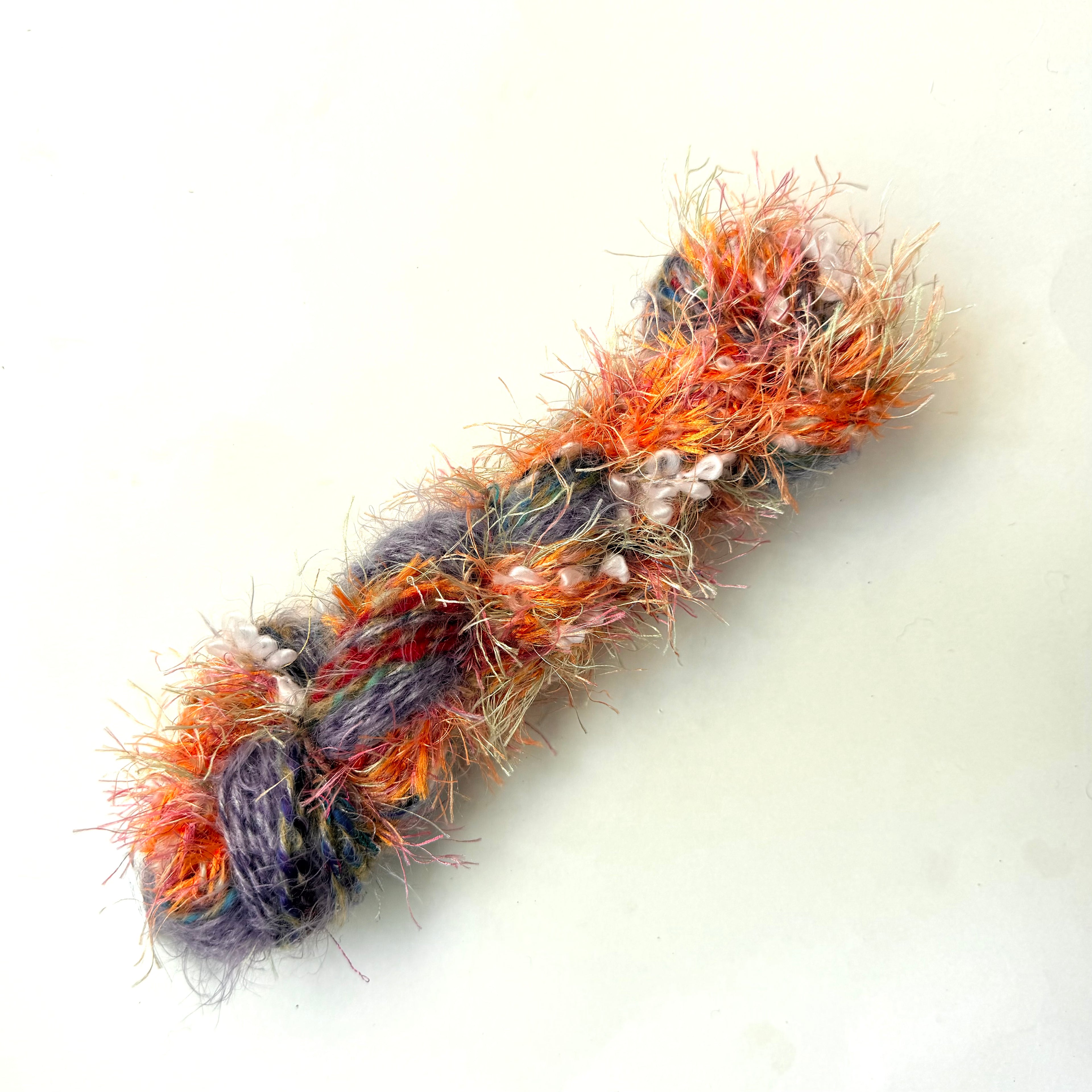 Artisan Handspun Novelty Mixed Fiber Bulky Yarn, Orange Purple Peach with Pearl Beads Artisan, Handspun