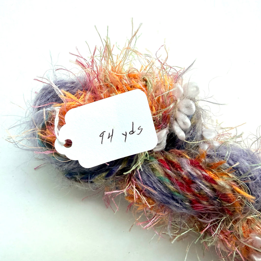 Artisan Handspun Novelty Mixed Fiber Bulky Yarn, Orange Purple Peach with Pearl Beads Artisan, Handspun