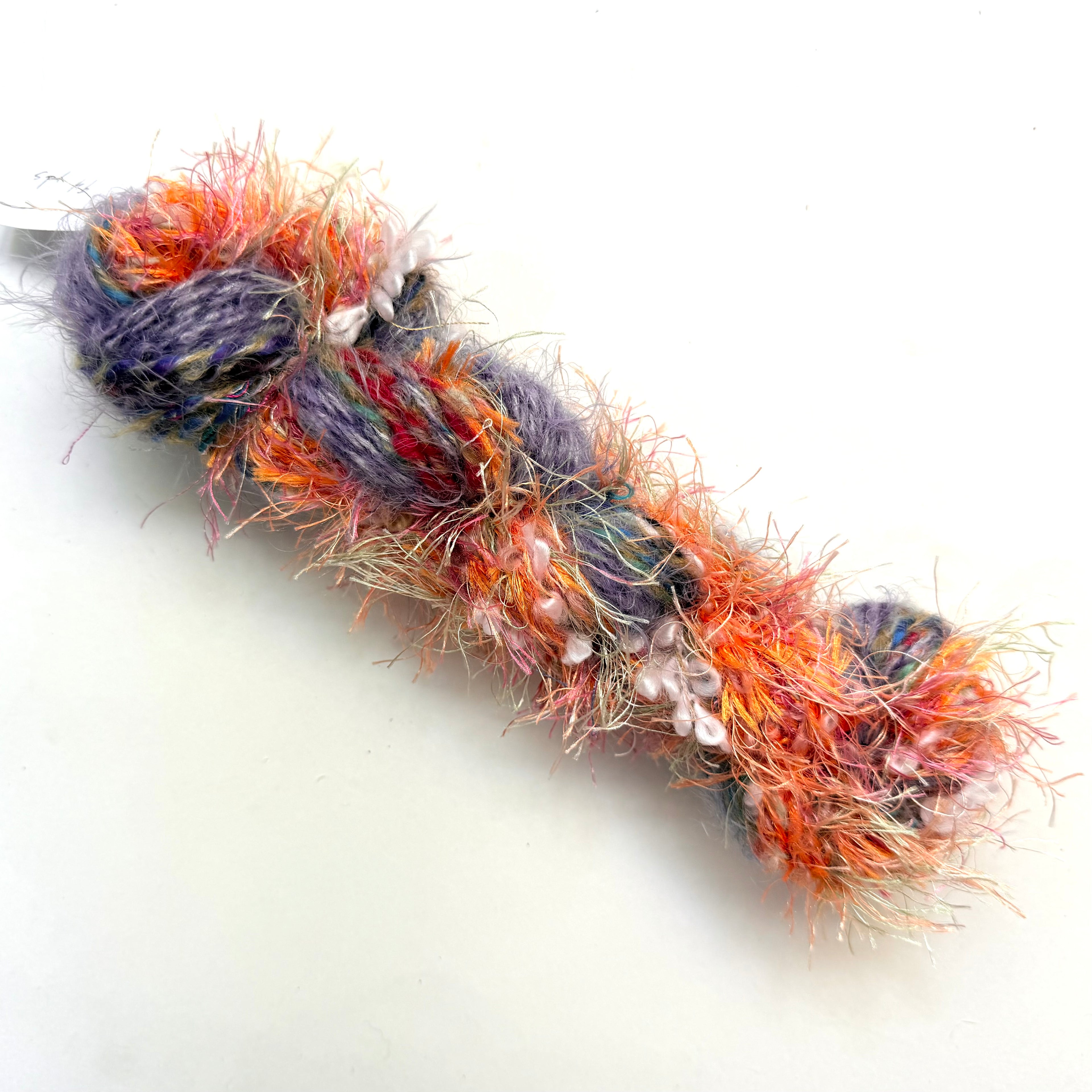 Artisan Handspun Novelty Mixed Fiber Bulky Yarn, Orange Purple Peach with Pearl Beads Artisan, Handspun