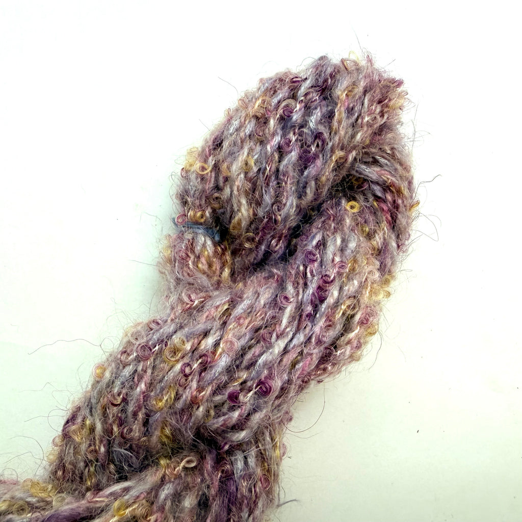 Artisan Handspun Mohair Wool Blend Bulky Yarn, Lavender Purple Curly with Sequins, Handspun