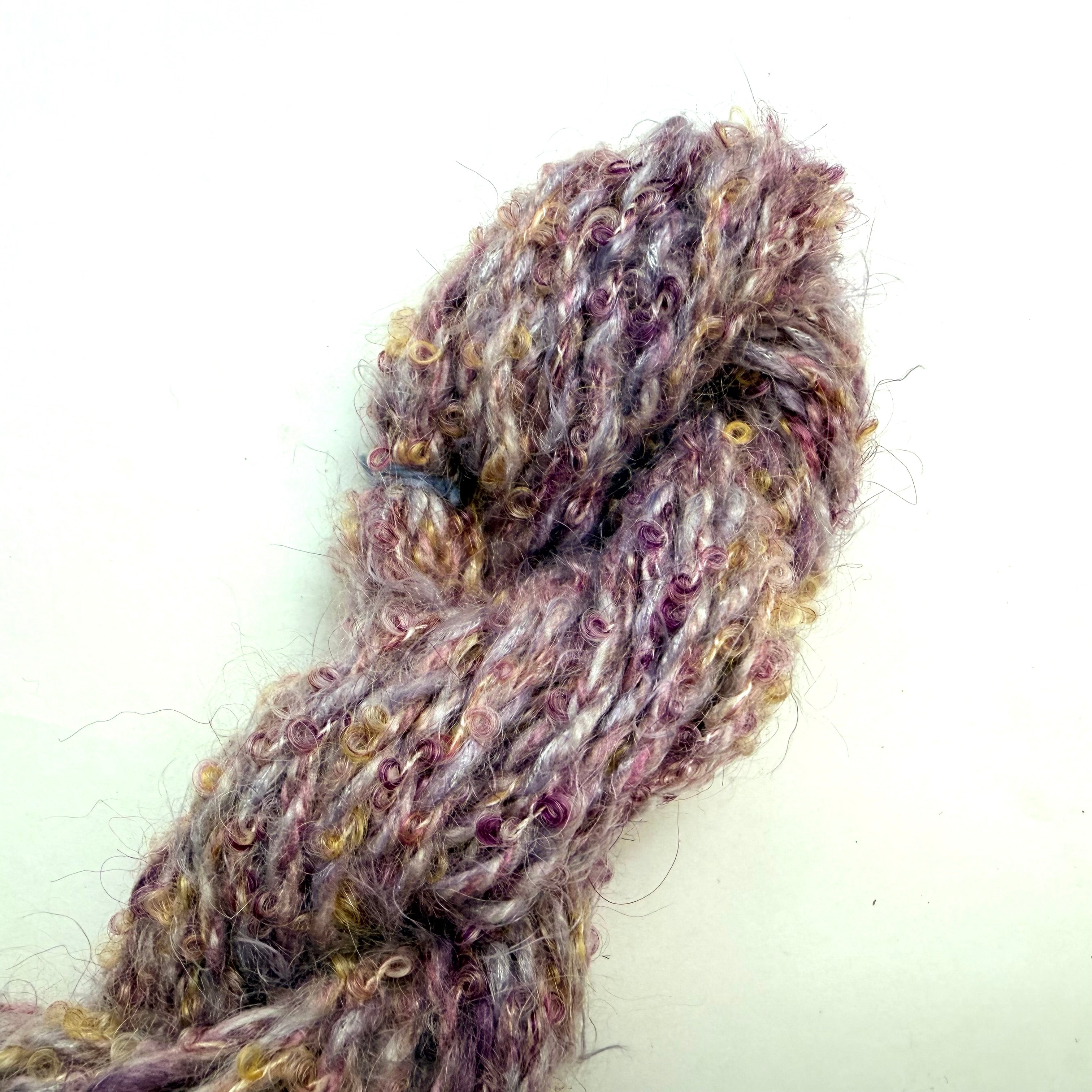Artisan Handspun Mohair Wool Blend Bulky Yarn, Lavender Purple Curly with Sequins, Handspun