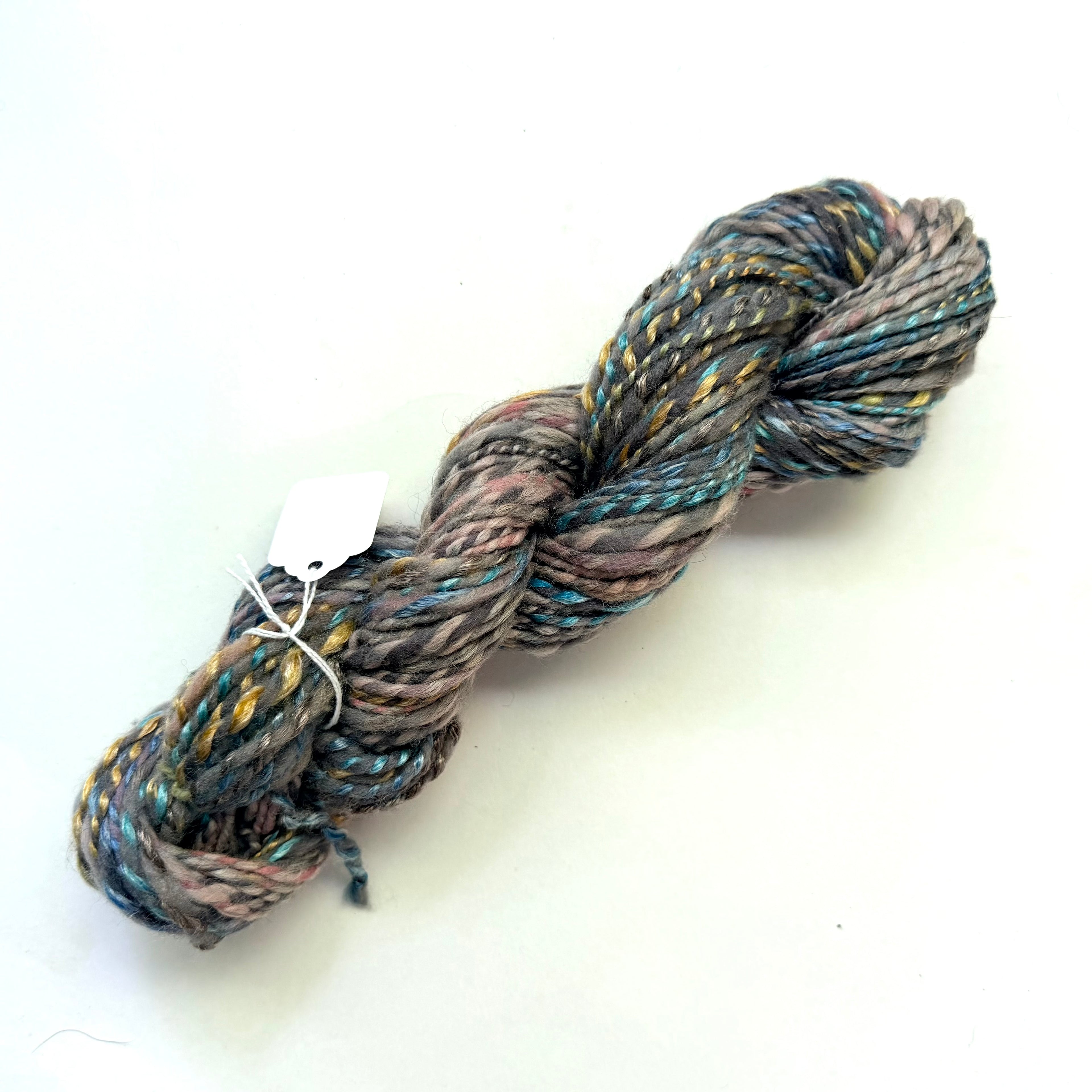Artisan Handspun CVM Wool + Bamboo Bulky Yarn, Heathered Slate with Copper, Pink, and Teal, Handspun