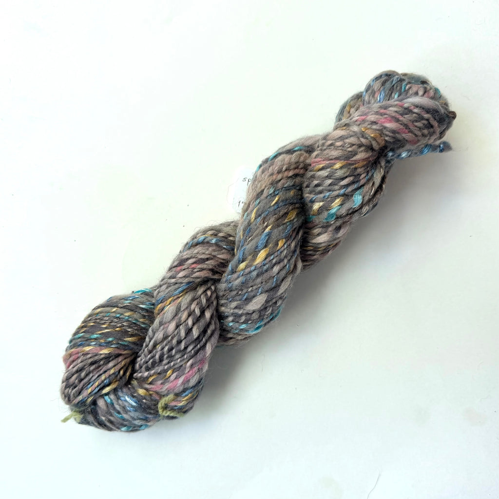 Artisan Handspun CVM Wool + Bamboo Bulky Yarn, Heathered Slate with Copper, Pink, and Teal, Handspun