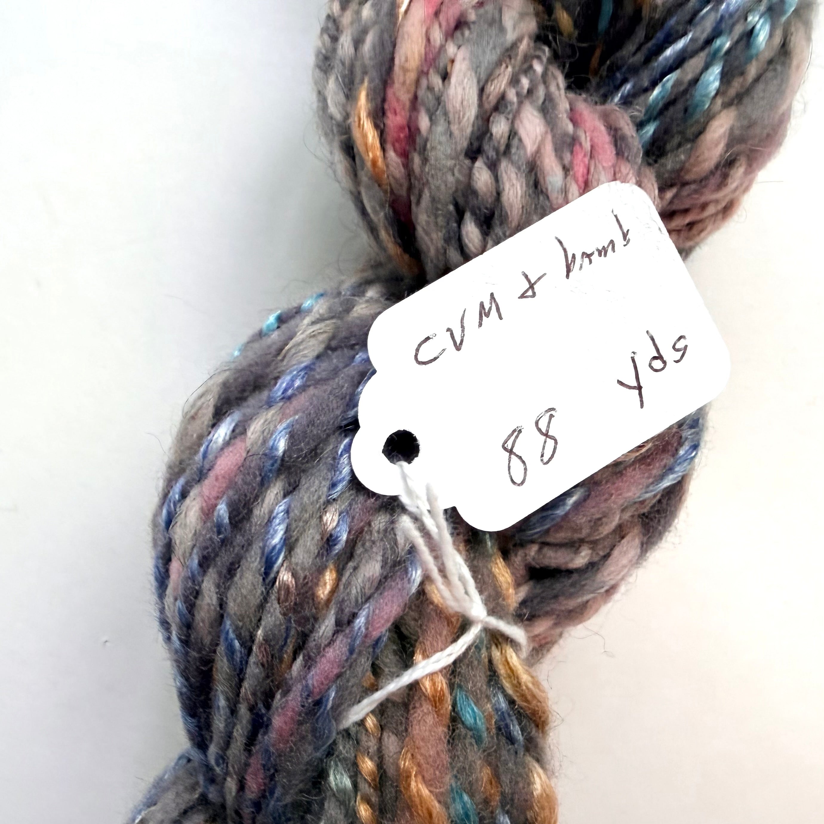 Artisan Handspun CVM Wool + Bamboo Bulky Yarn, Heathered Slate with Copper, Pink, and Teal, Handspun