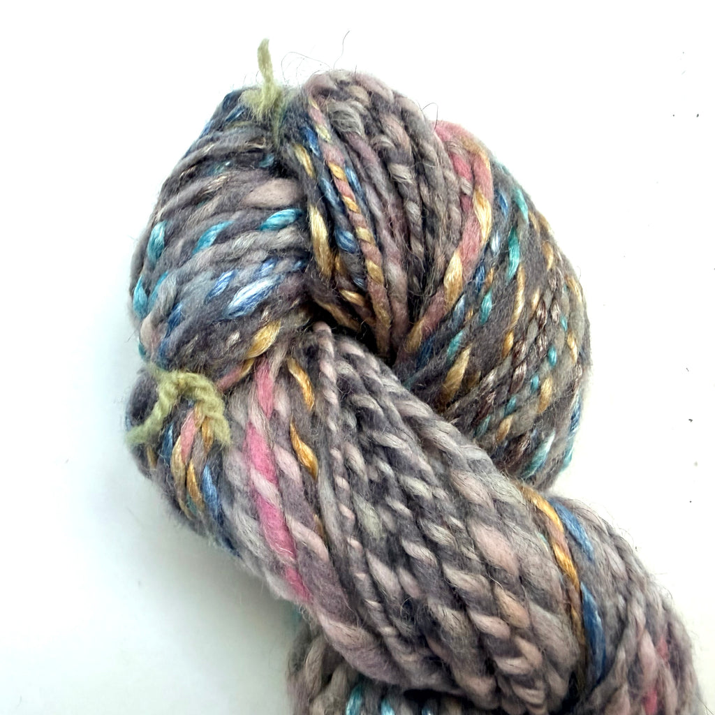 Artisan Handspun CVM Wool + Bamboo Bulky Yarn, Heathered Slate with Copper, Pink, and Teal, Handspun