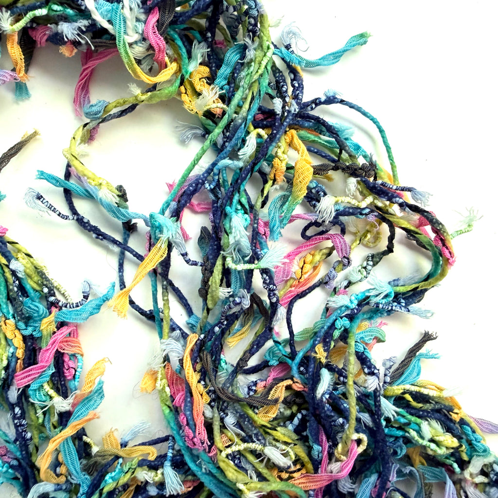 Artisan Handspun Novelty Mixed Fiber Super Bulky Yarn, Multicolor Ribbon Tape, Handspun
