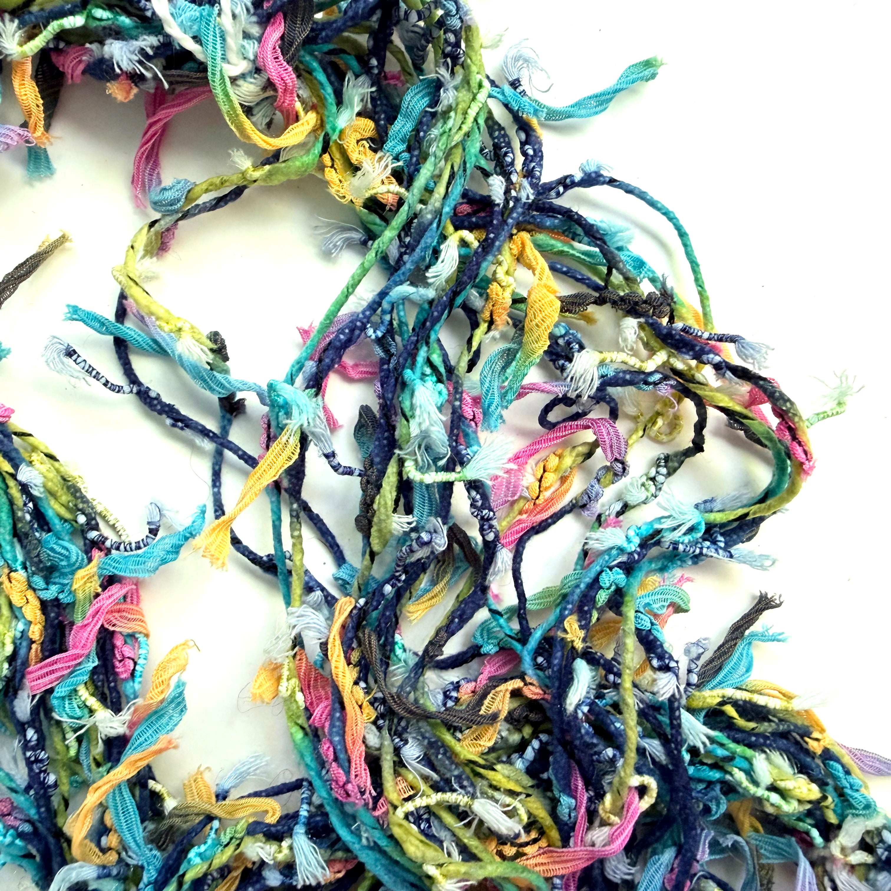 Artisan Handspun Novelty Mixed Fiber Super Bulky Yarn, Multicolor Ribbon Tape, Handspun
