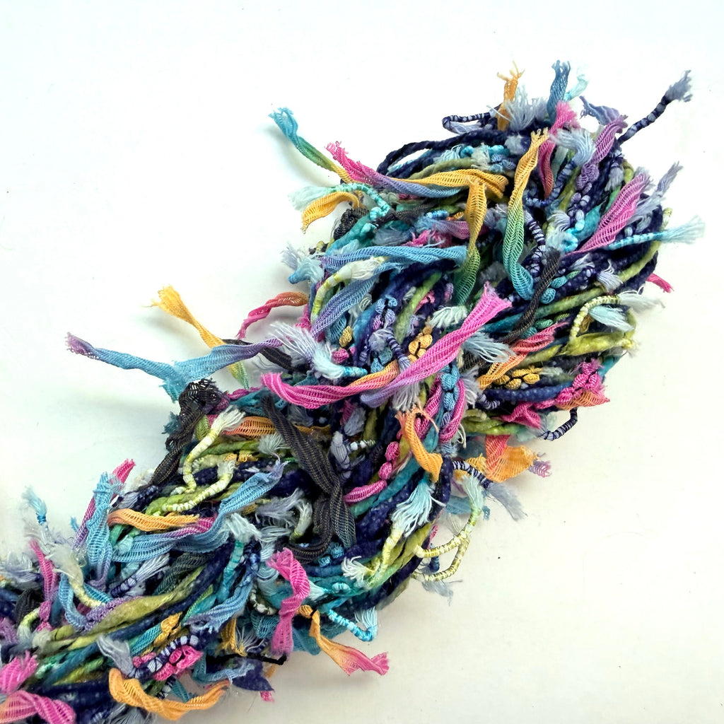 Artisan Handspun Novelty Mixed Fiber Super Bulky Yarn, Multicolor Ribbon Tape, Handspun