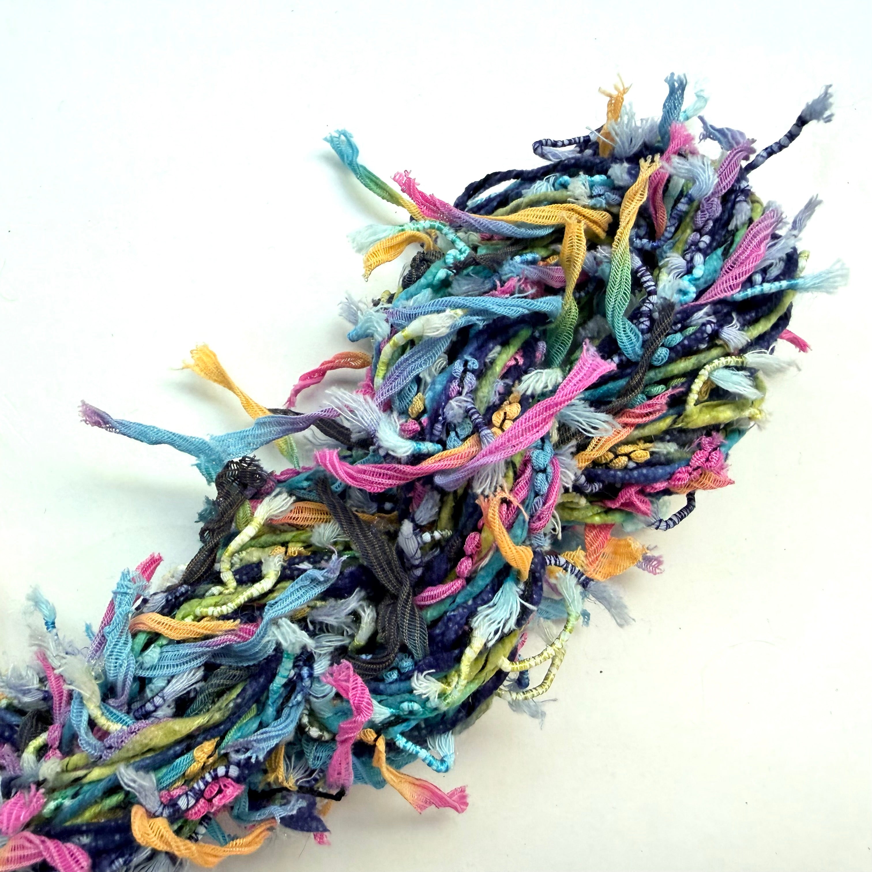 Artisan Handspun Novelty Mixed Fiber Super Bulky Yarn, Multicolor Ribbon Tape, Handspun