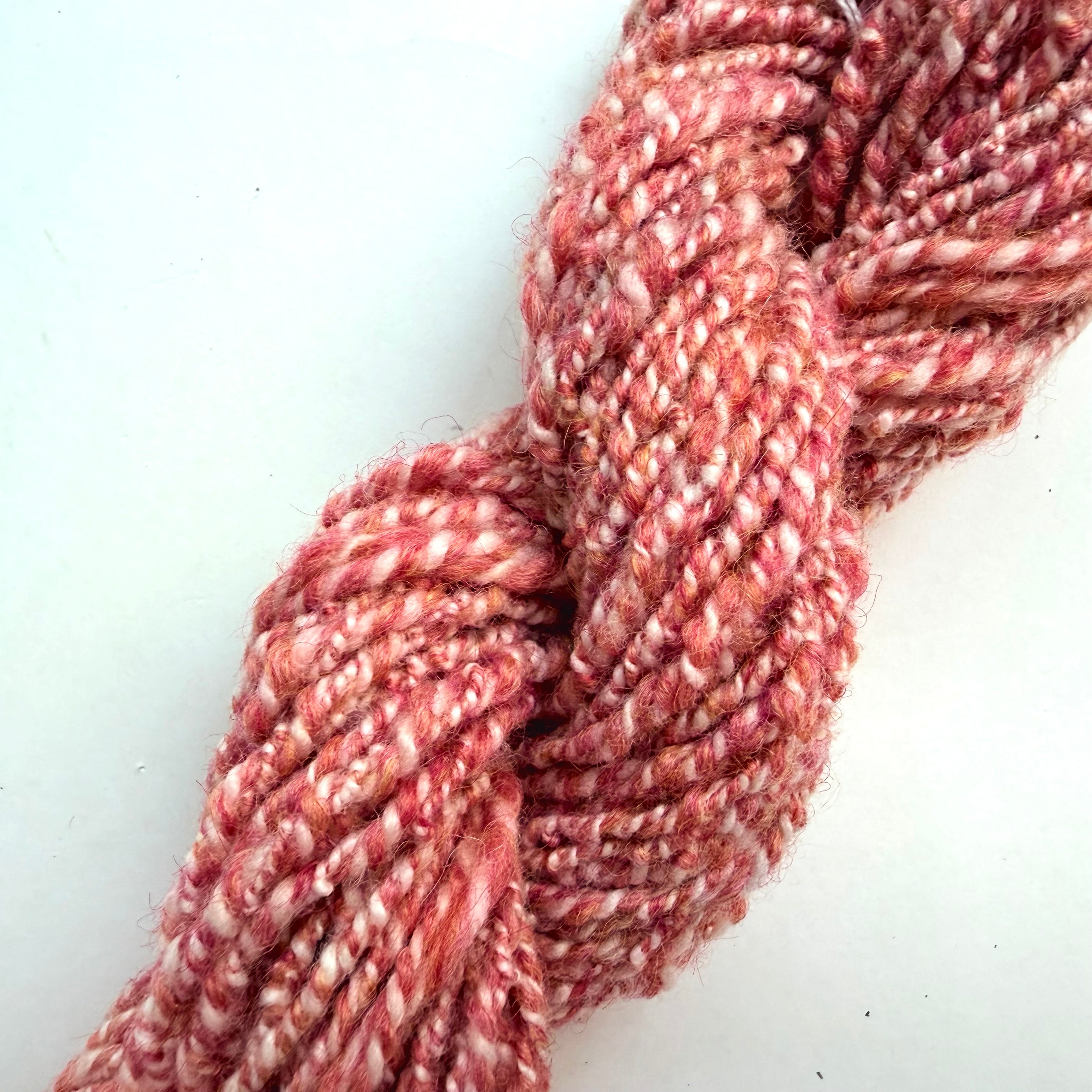 Artisan Handspun Silk Wool Blend Worsted Yarn, Salmon Dusty Rose, Handspun