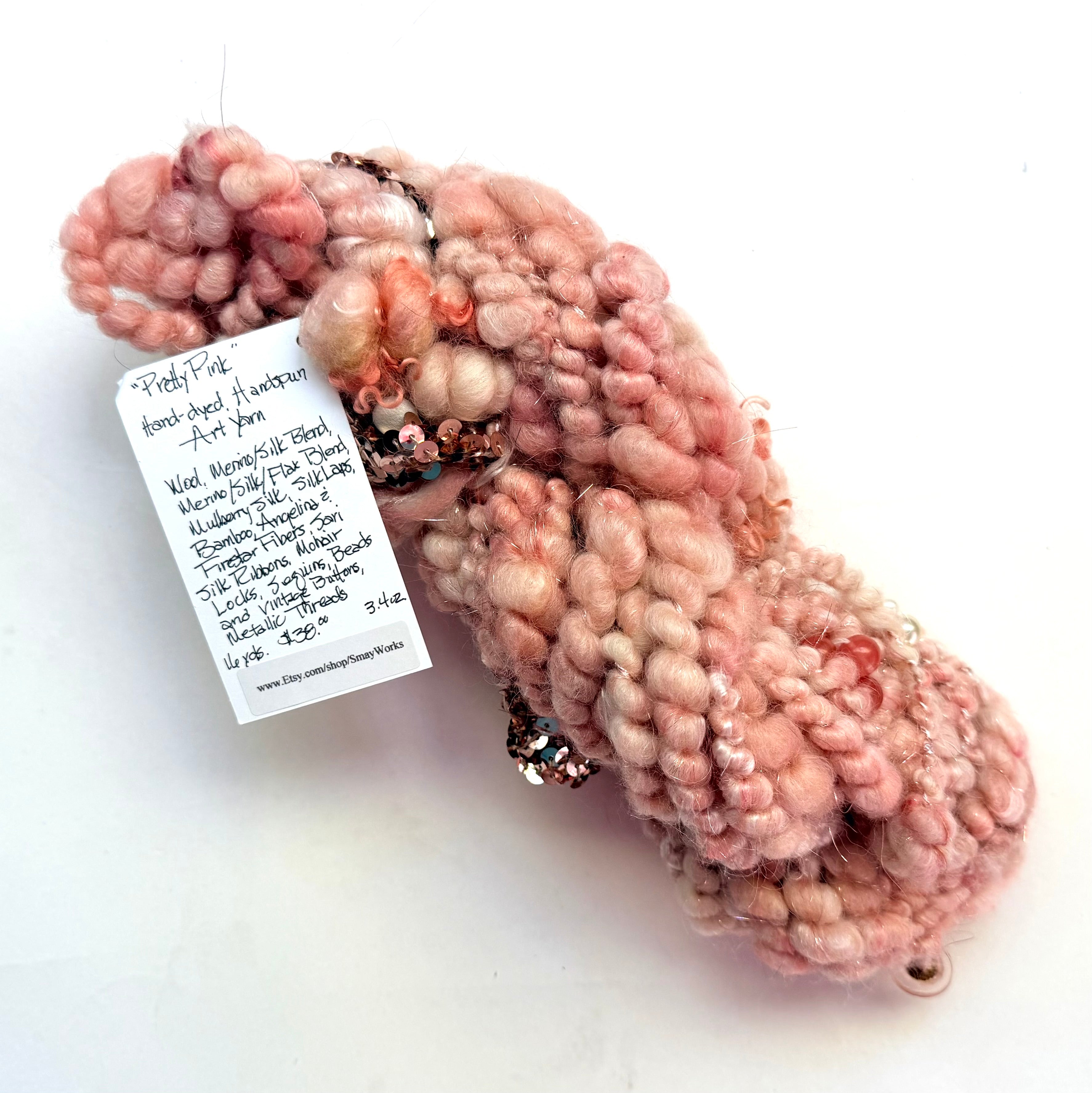 SmayWorks Design — "Pretty Pink" Handspun Mixed-Media Art Yarn — 16 yards